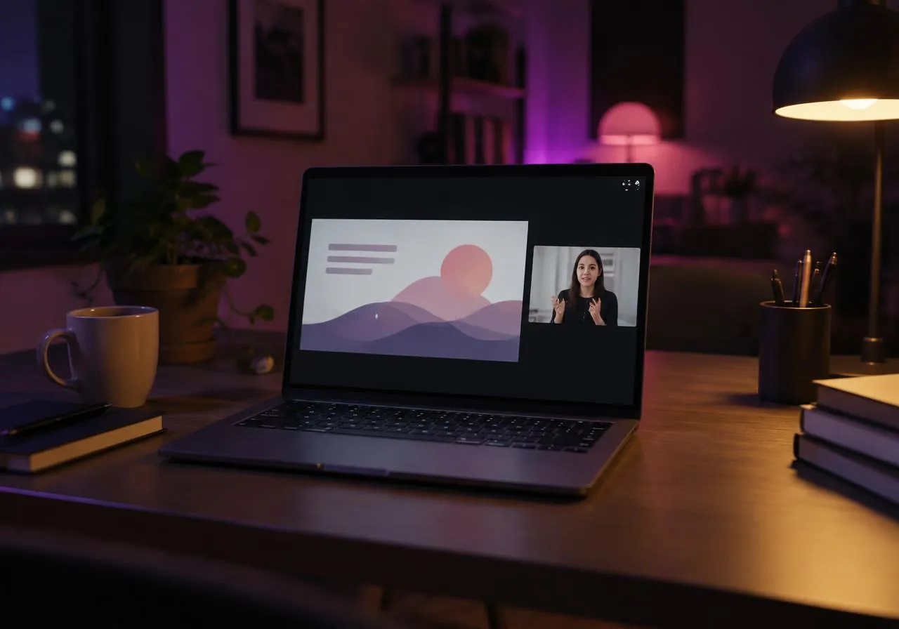 Notebook aberto sobre a mesa com uma aula em vídeo na tela