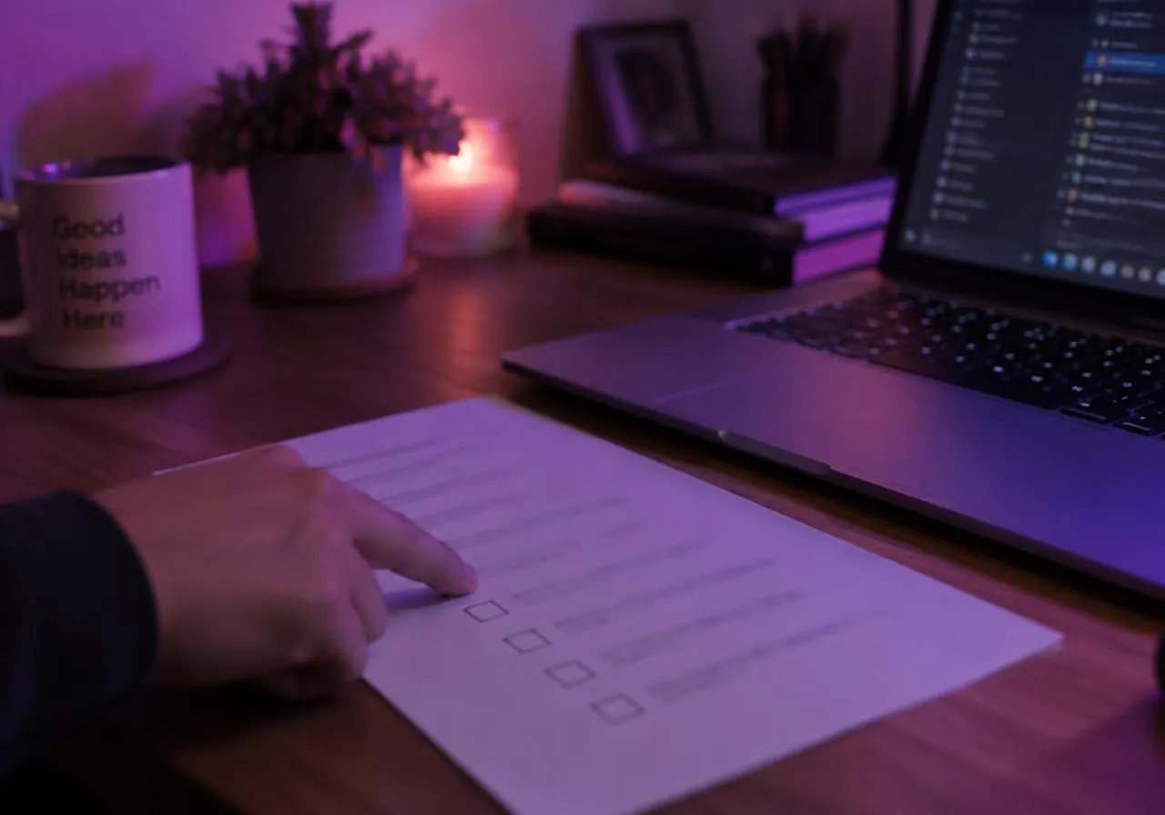 Checklist impresso sobre a mesa ao lado do notebook, com um dedo apontando um item